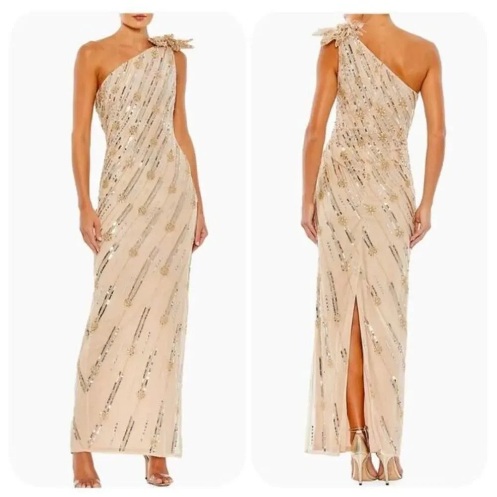 Mac Duggal EMBELLISHED FLORAL DETAIL ONE SHOULDER GOWN Sz 16